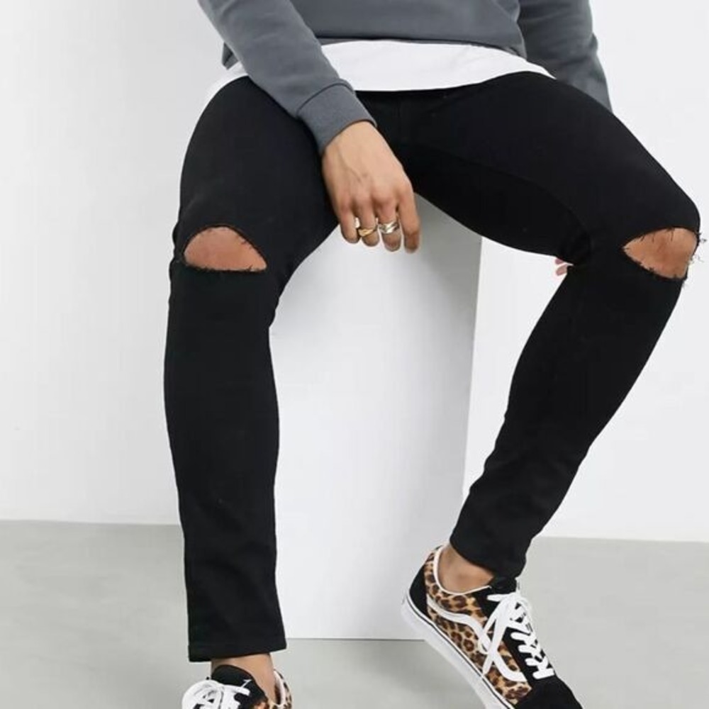 ASOS DESIGN Power Stretch Denim Knee Rip Spray On Jeans Black 26W x 30L‎ NWT